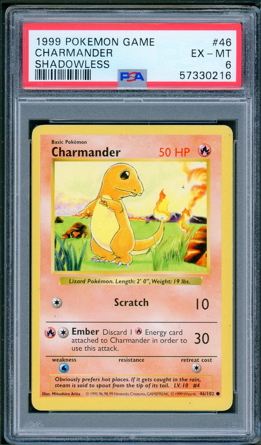 PSA (EX-MT 6) Charmander #46 - Pokemon Game (Shadowless Base Set) (#57330216)