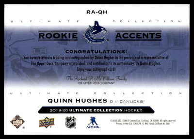 2019 Upper Deck Ultimate Collection RA-QH Quinn Hughes Rookie Accents Rookie 177 Canucks Auto