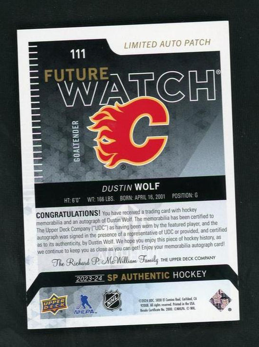 2021 Upper Deck SP Authentic 111 Dustin Wolf Future Watch Rookie /100 VG Calgary Flames Auto