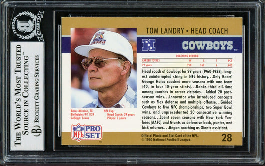 Tom Landry Autographed 1990 Pro Set Card #28 Dallas Cowboys Beckett BAS #14133819
