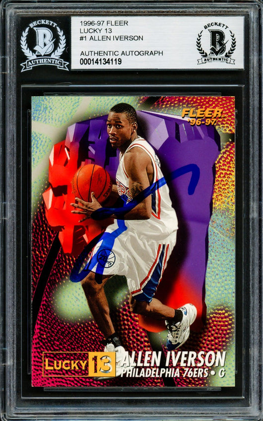 Allen Iverson Autographed 1996-97 Fleer Lucky 13 Rookie Card #1 Philadelphia 76ers Beckett BAS #14134119
