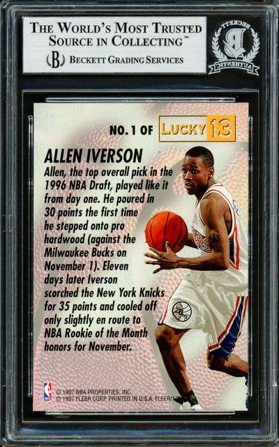 Allen Iverson Autographed 1996-97 Fleer Lucky 13 Rookie Card #1 Philadelphia 76ers Beckett BAS #14134119