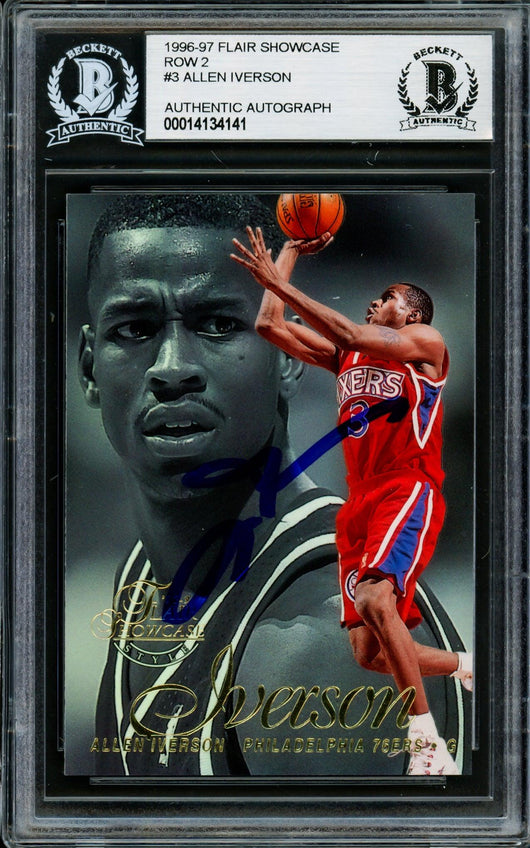 Allen Iverson Autographed 1996-97 Flair Showcase Row 2 Rookie Card #3 Philadelphia 76ers Beckett BAS #14134141