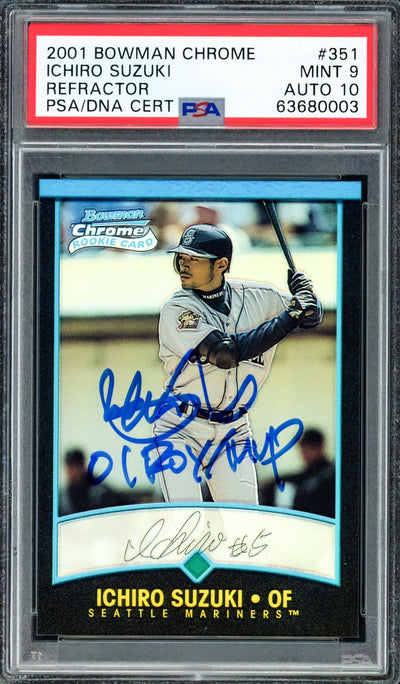 Ichiro Suzuki Autographed 2001 Bowman Chrome Refractor Rookie Card #351 Seattle Mariners PSA 9 Auto Grade Gem Mint 10 "01 ROY/MVP" PSA/DNA #63680003