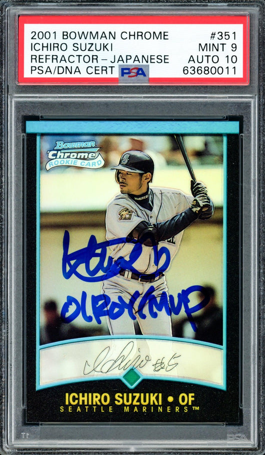 Ichiro Suzuki Autographed 2001 Bowman Chrome Refractor Japanese Rookie Card #351 Seattle Mariners PSA 9 Auto Grade Gem Mint 10 "01 ROY/MVP" PSA/DNA #63680011