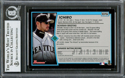 Ichiro Suzuki Autographed 2001 Bowman Draft Picks Rookie Card #BDP84 Seattle Mariners Beckett BAS #12783683
