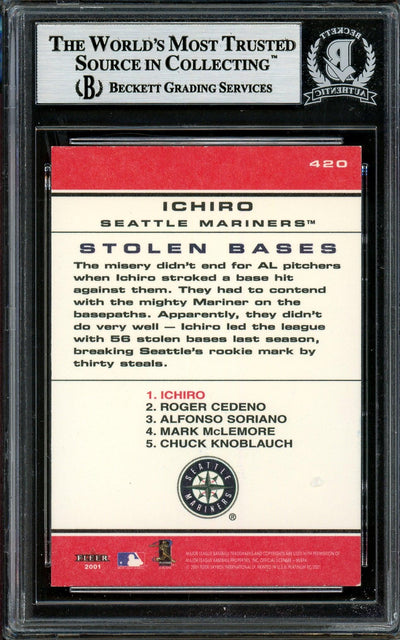 Ichiro Suzuki Autographed 2001 Fleer Platinum Rookie Card #420 Seattle Mariners Beckett BAS #12785159