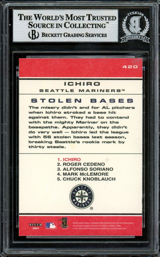 Ichiro Suzuki Autographed 2001 Fleer Platinum Rookie Card #420 Seattle Mariners Beckett BAS #12785160