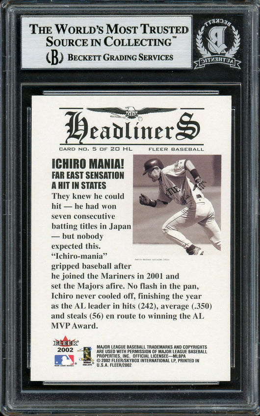 Ichiro Suzuki Autographed 2002 Fleer Headliners Card #5 Seattle Mariners Beckett BAS Stock #194186
