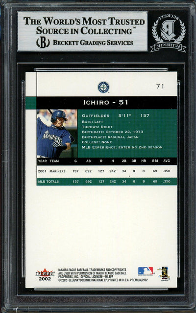 Ichiro Suzuki Autographed 2002 Fleer Premium Card #71 Seattle Mariners Beckett BAS Stock #194215