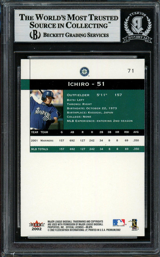 Ichiro Suzuki Autographed 2002 Fleer Premium Card #71 Seattle Mariners Beckett BAS Stock #194215