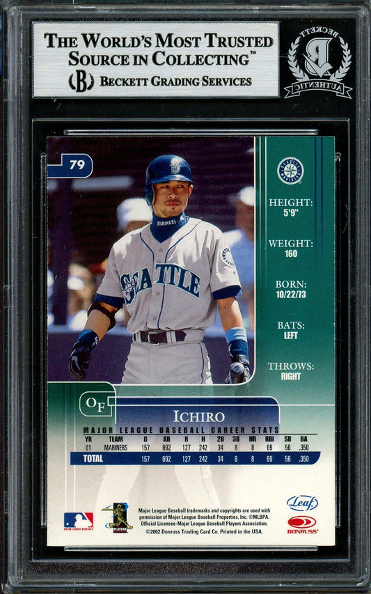 Ichiro Suzuki Autographed 2002 Leaf Rookie & Stars Card #79 Seattle Mariners Beckett BAS Stock #194219