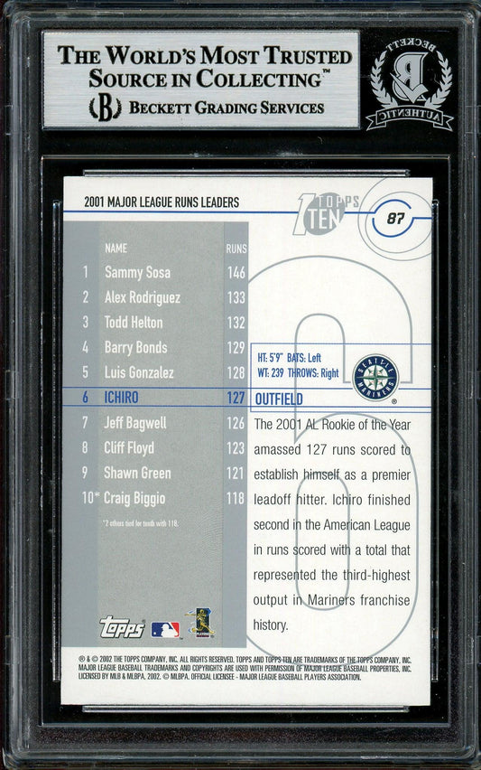 Ichiro Suzuki Autographed 2002 Topps Ten Card #87 Seattle Mariners Beckett BAS Stock #194221