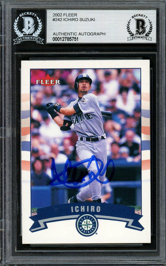 Ichiro Suzuki Autographed 2002 Fleer Card #242 Seattle Mariners Gold Letter Beckett BAS #12785751