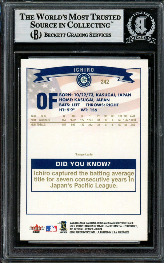 Ichiro Suzuki Autographed 2002 Fleer Card #242 Seattle Mariners Gold Letter Beckett BAS #12785751