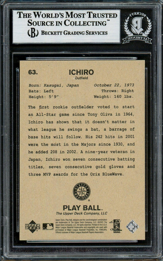 Ichiro Suzuki Autographed 2003 Upper Deck Play Ball Card #63 Seattle Mariners Beckett BAS Stock #194256
