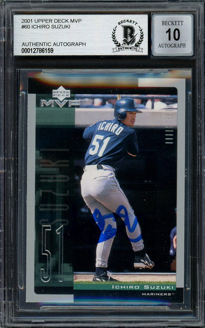 Ichiro Suzuki Autographed 2001 Upper Deck MVP Rookie Card #60 Seattle Mariners Auto Grade Gem Mint 10 Signed in Blue Beckett BAS Stock #194285