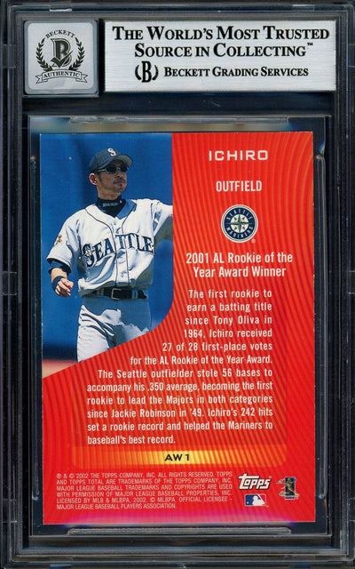 Ichiro Suzuki Autographed 2002 Topps Total 2001 Award Winner Card #AW1 Seattle Mariners Auto Grade Gem Mint 10 Beckett BAS #12786173