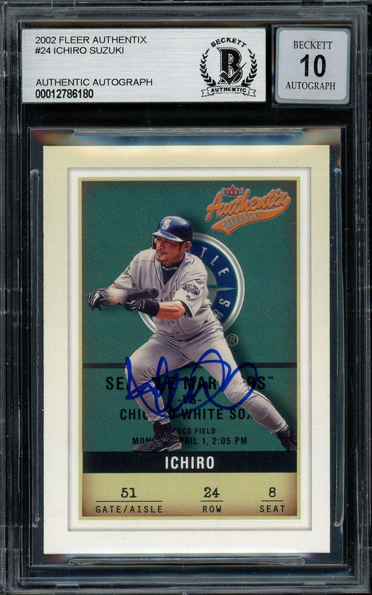 Ichiro Suzuki Autographed 2002 Fleer Authentix Card #24 Seattle Mariners Auto Grade Gem Mint 10 Beckett BAS #12786180