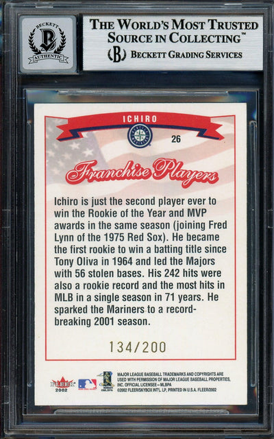 Ichiro Suzuki Autographed 2002 Fleer Tiffany Franchise Players Card #26 Seattle Mariners Auto Grade Gem Mint 10 #134/200 Beckett BAS #12786182