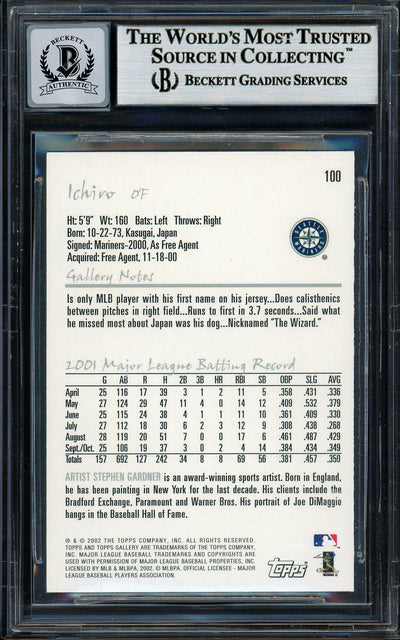 Ichiro Suzuki Autographed 2002 Topps Gallery Card #100 Seattle Mariners Auto Grade Gem Mint 10 Beckett BAS #12786205