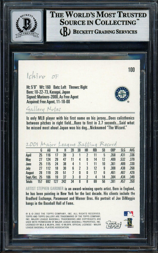 Ichiro Suzuki Autographed 2002 Topps Gallery Card #100 Seattle Mariners Auto Grade Gem Mint 10 Beckett BAS #12786205