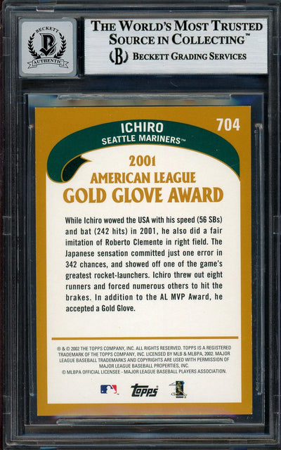 Ichiro Suzuki Autographed 2002 Topps Card #704 Seattle Mariners Auto Grade Gem Mint 10 Beckett BAS Stock #194321