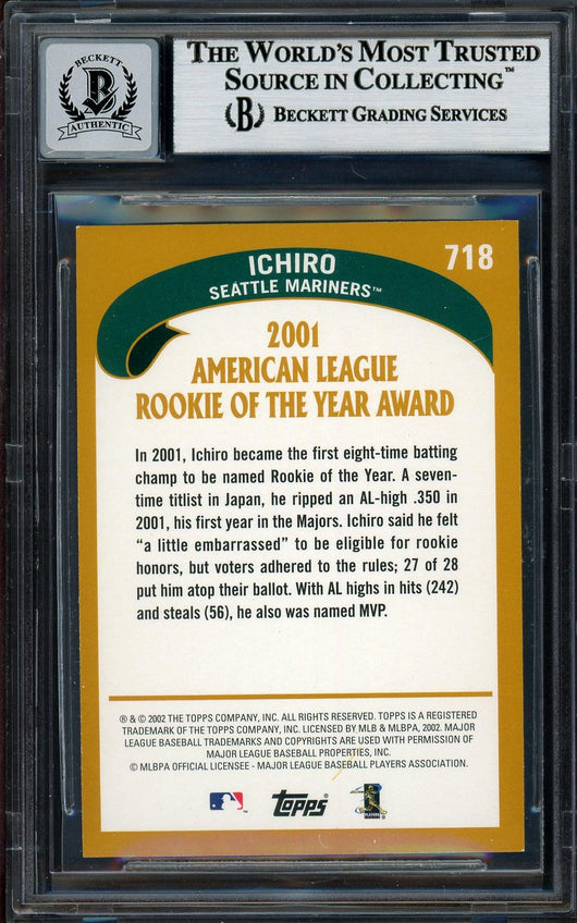 Ichiro Suzuki Autographed 2002 Topps Card #718 Seattle Mariners Auto Grade Gem Mint 10 Beckett BAS Stock #194325