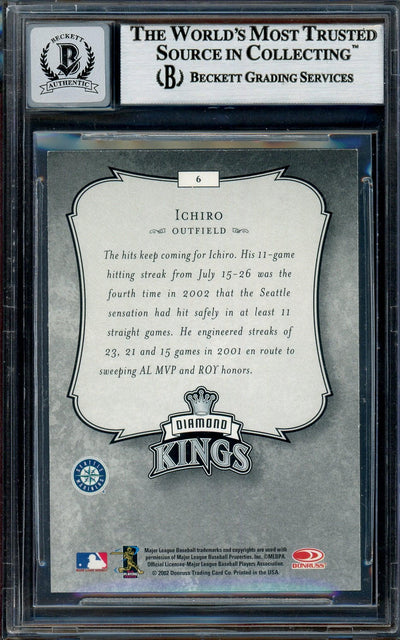Ichiro Suzuki Autographed 2003 Donruss Diamond Kings Card #6 Seattle Mariners Auto Grade Gem Mint 10 Beckett BAS Stock #194331