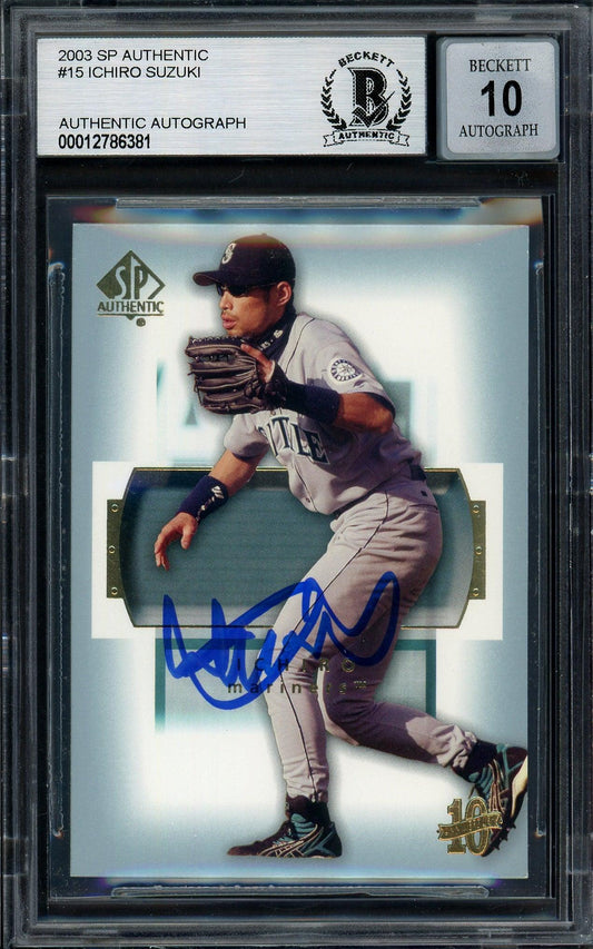 Ichiro Suzuki Autographed 2003 SP Authentic Card #15 Seattle Mariners Auto Grade Gem Mint 10 Beckett BAS Stock #194332