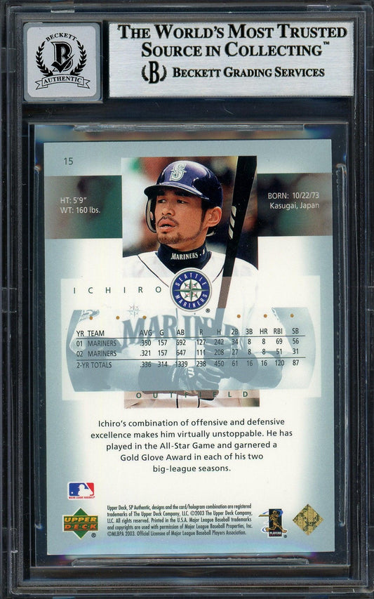Ichiro Suzuki Autographed 2003 SP Authentic Card #15 Seattle Mariners Auto Grade Gem Mint 10 Beckett BAS Stock #194332