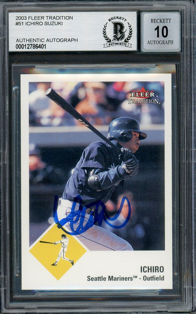 Ichiro Suzuki Autographed 2003 Fleer Tradition Card #51 Seattle Mariners Auto Grade Gem Mint 10 Beckett BAS #12786401