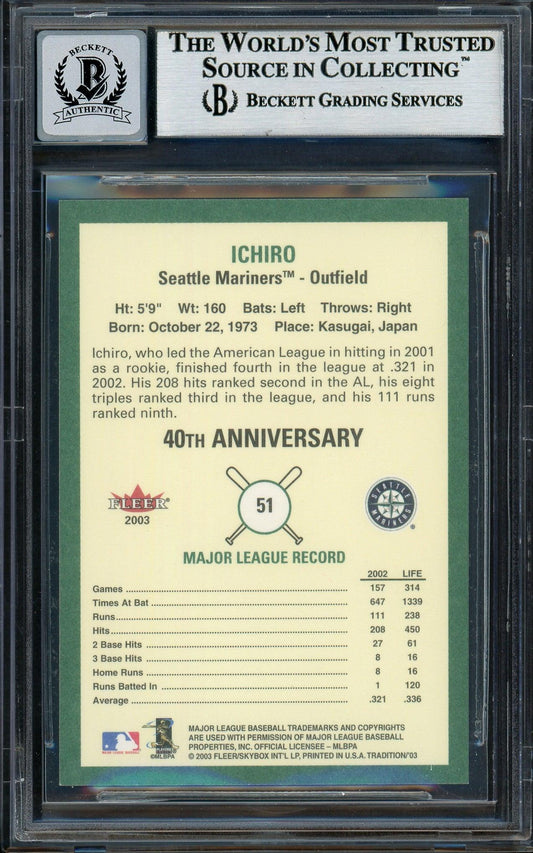Ichiro Suzuki Autographed 2003 Fleer Tradition Card #51 Seattle Mariners Auto Grade Gem Mint 10 Beckett BAS #12786401