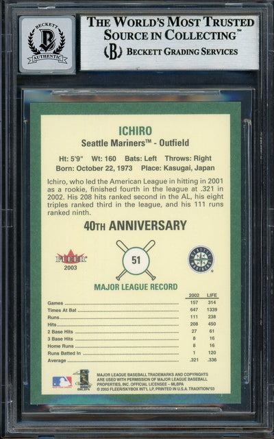 Ichiro Suzuki Autographed 2003 Fleer Tradition Card #51 Seattle Mariners Auto Grade Gem Mint 10 Beckett BAS #12786401