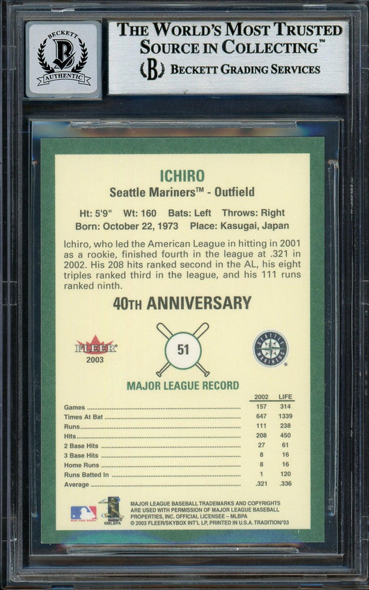Ichiro Suzuki Autographed 2003 Fleer Tradition Card #51 Seattle Mariners Auto Grade Gem Mint 10 Beckett BAS #12786401