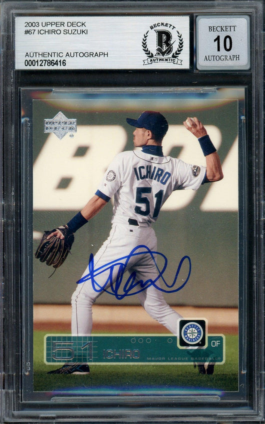 Ichiro Suzuki Autographed 2003 Upper Deck Card #67 Seattle Mariners Auto Grade Gem Mint 10 Beckett BAS Stock #194343