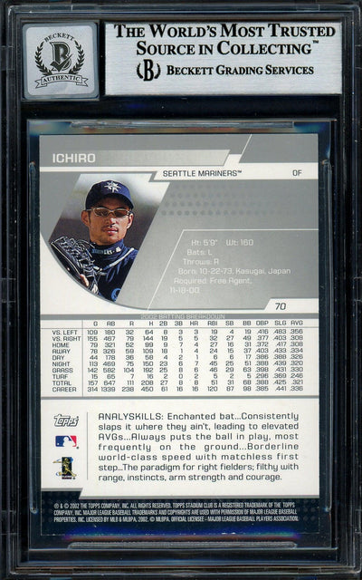 Ichiro Suzuki Autographed 2003 Topps Stadium Club Card #70 Seattle Mariners Auto Grade Gem Mint 10 Beckett BAS Stock #194344