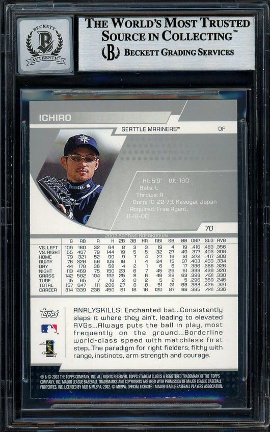 Ichiro Suzuki Autographed 2003 Topps Stadium Club Card #70 Seattle Mariners Auto Grade Gem Mint 10 Beckett BAS Stock #194344