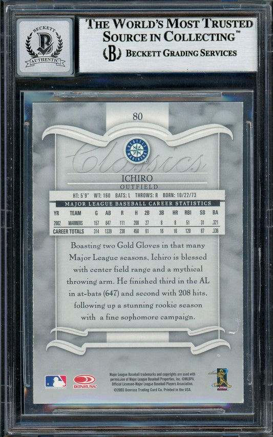 Ichiro Suzuki Autographed 2003 Donruss Classics Card #80 Seattle Mariners Auto Grade Gem Mint 10 Beckett BAS Stock #194348