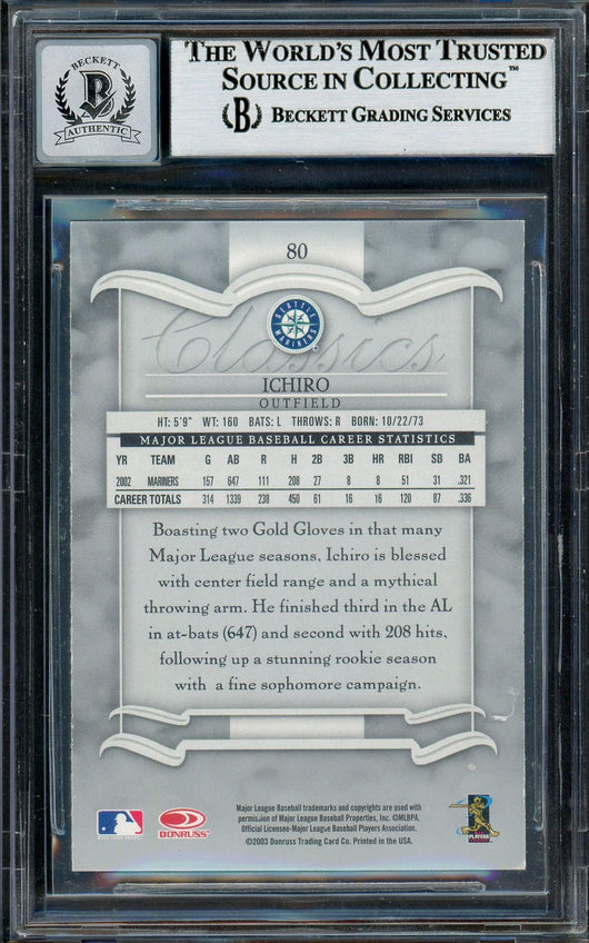 Ichiro Suzuki Autographed 2003 Donruss Classics Card #80 Seattle Mariners Auto Grade Gem Mint 10 Beckett BAS Stock #194348