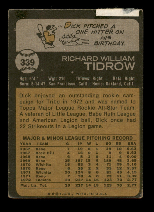 Dick Tidrow Autographed 1973 Topps Card #339 Cleveland Indians SKU #204305