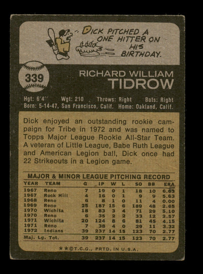 Dick Tidrow Autographed 1973 Topps Card #339 Cleveland Indians SKU #204306