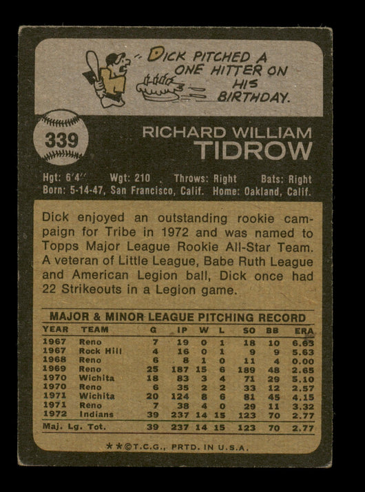 Dick Tidrow Autographed 1973 Topps Card #339 Cleveland Indians SKU #204306