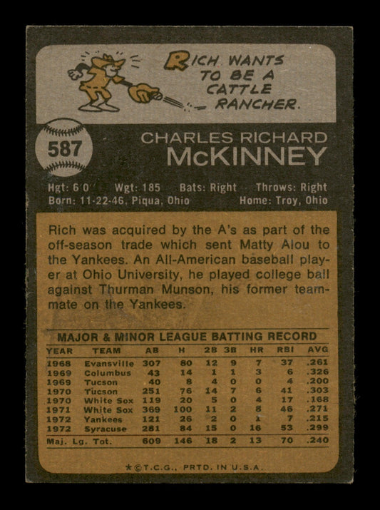 Rich McKinney Autographed 1973 Topps Card #587 Oakland A's SKU #204319