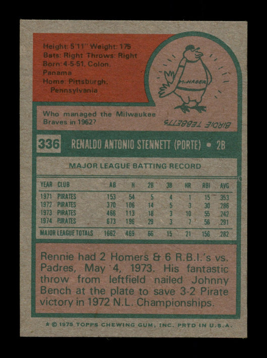 Rennie Stennett Autographed 1975 Topps Mini Card #336 Pittsburgh Pirates SKU #204456