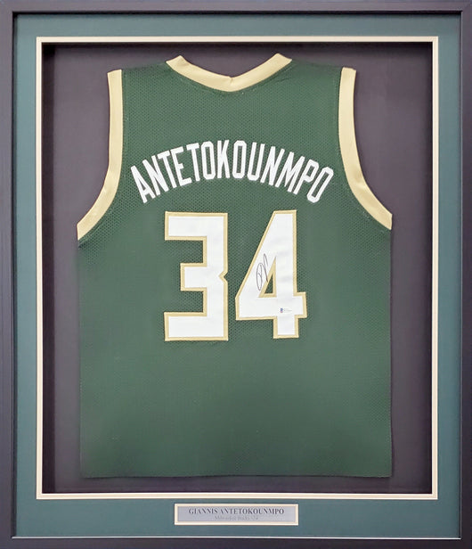 Milwaukee Bucks Giannis Antetokounmpo Autographed Framed Green Jersey Beckett BAS