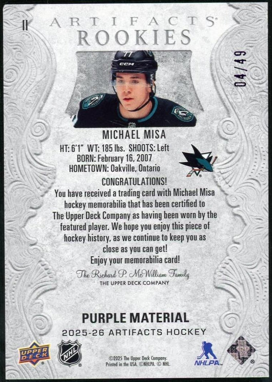 2025-26 Upper Deck Artifacts Rookies Material Purple Patch Michael Misa /49