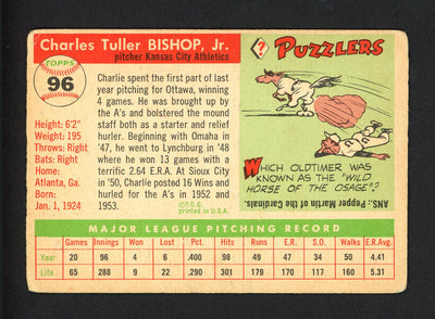 Charlie Bishop Autographed 1955 Topps Card #96 Kansas City A's SKU #162227
