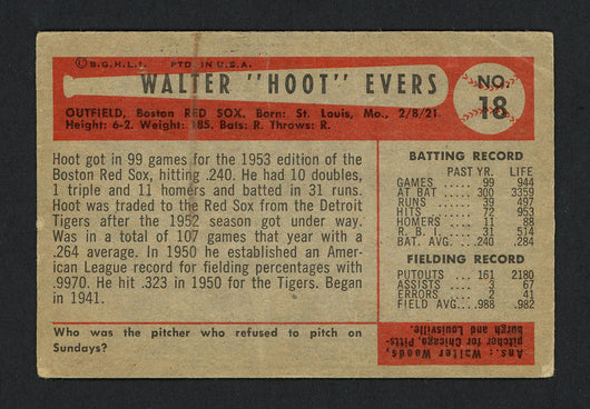 Hoot Evers Autographed 1954 Bowman Card #18 Boston Red Sox (Creases) SKU #162230