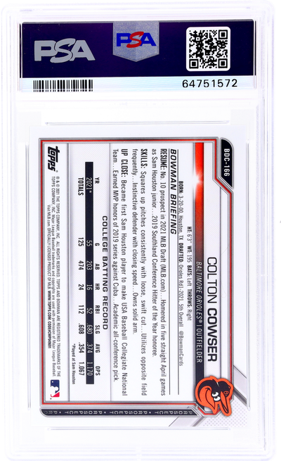 2021 Bowman Draft Chrome Sapphire Colton Cowser #BDC166 /20 PSA 9